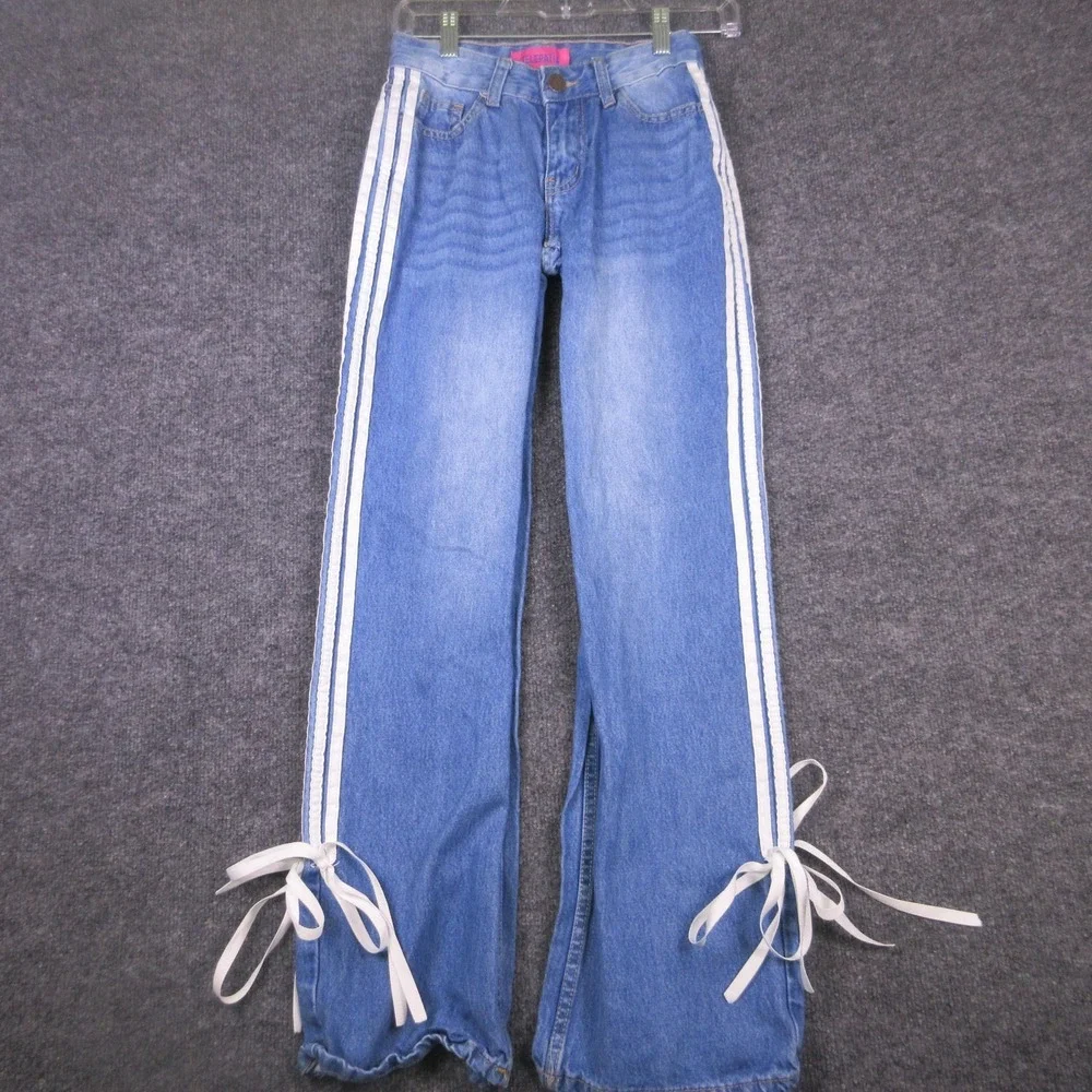 Telepatia Jeans Womens 00 Blue Side Stripe Wide Leg Bow Hem Denim 23x29 Casual